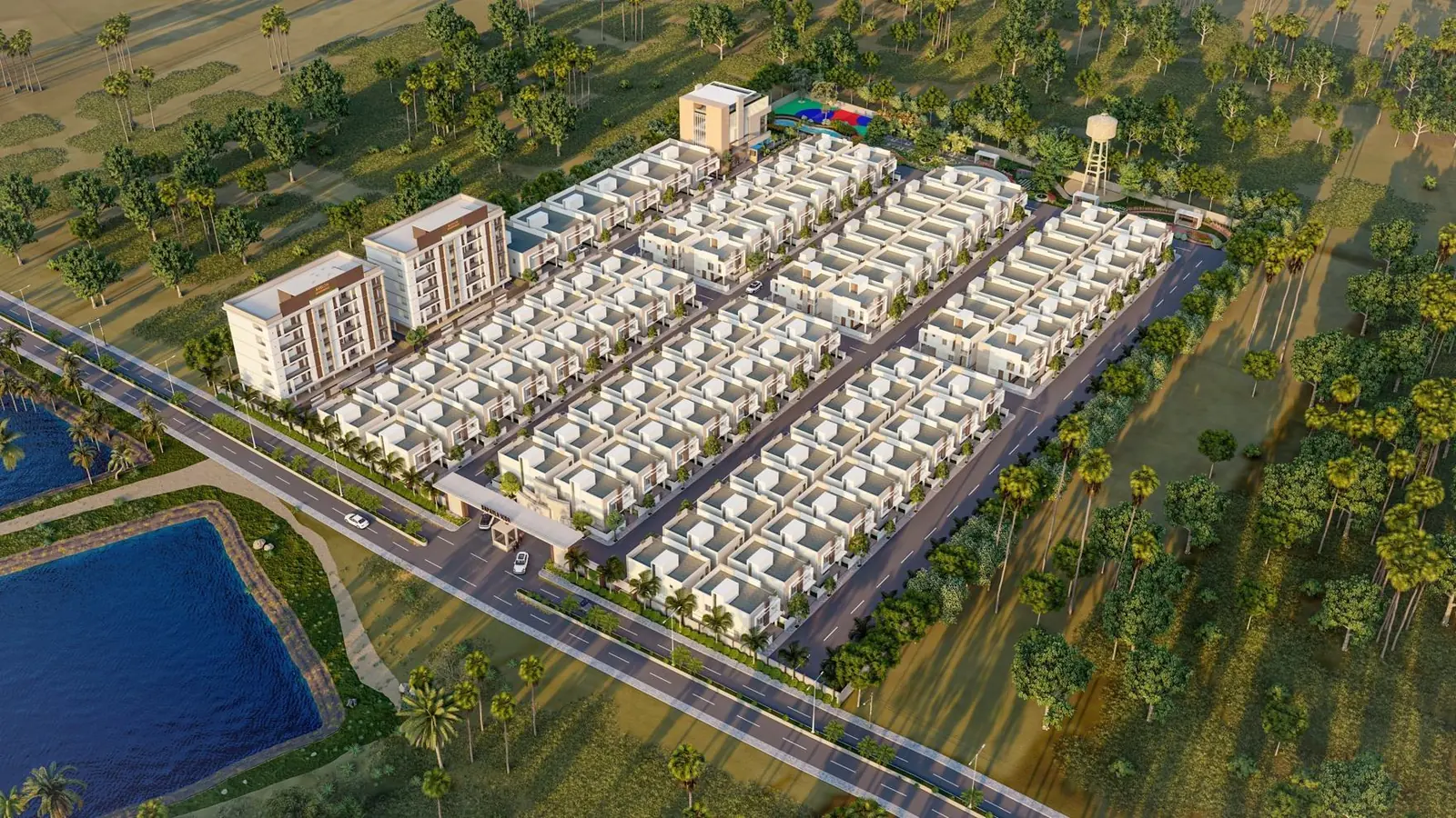 Aerial render of a villa community beside a lake.