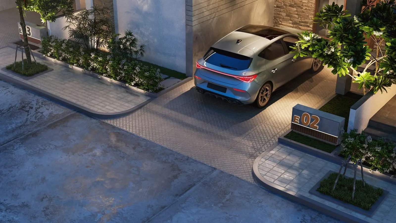 Still from a walkthrough film: arriving home at night.