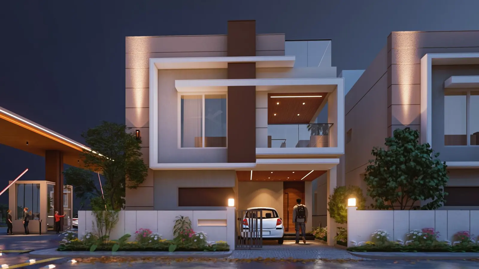 The same villa rendered at dusk, lights on.