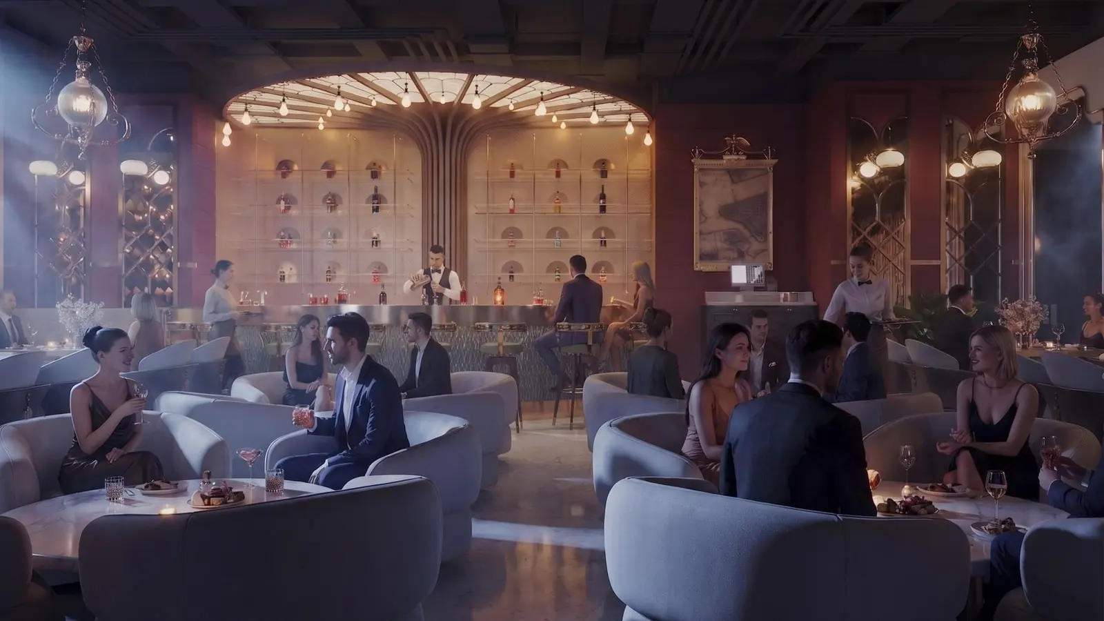 Guests in a lounge bar, from a walkthrough film.