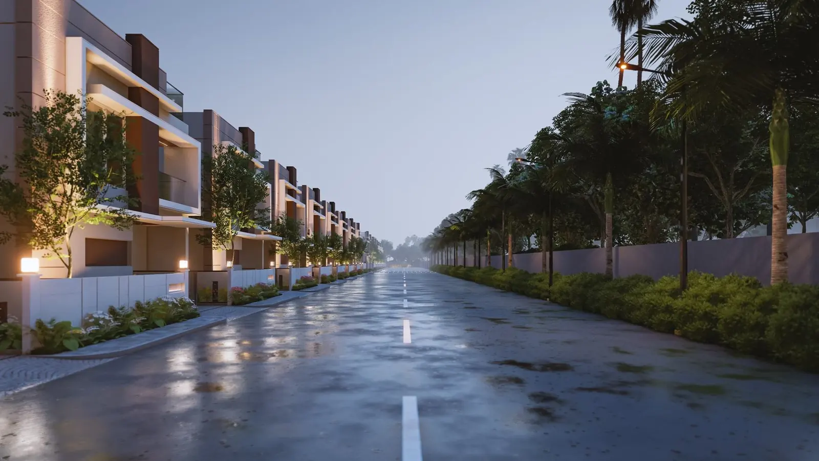 A street of villas after rain, rendered at dusk.