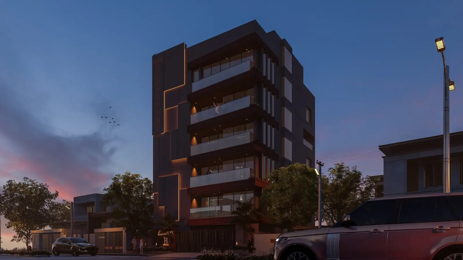Apartment tower rendered at dusk.